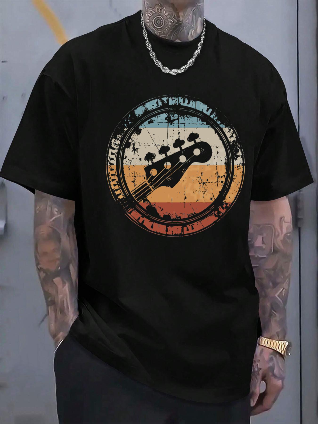 Men s Heavyweight 180gsm Cotton T-Shirt - Vintage Music Graphic Tee with Guitar & Vinyl Record Design S
