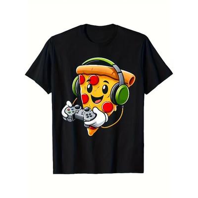 Europäische Größen Kinder Jungen Lustiges Pizza Gamer Grafik T-Shirt - Lässiges Kurzarm-T-Shirt mit buntem Pizza-Kopfhörer-Design, Atmungsaktiv