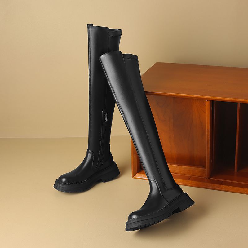 Krazing Pot Microfiber Autumn Winter Shoes Med Heels Flat Platform Size 42 Over-the-knee Boots Slip On Elastic Thigh High Boots