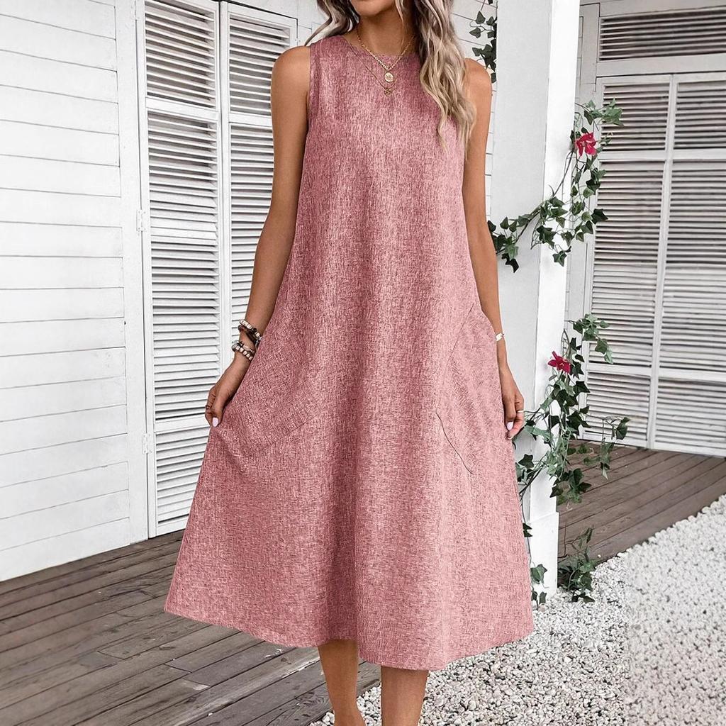Women's Round Neck Sleeveless Midi Dress Loose Fit High Waist Casual A-Line Dress With Pockets