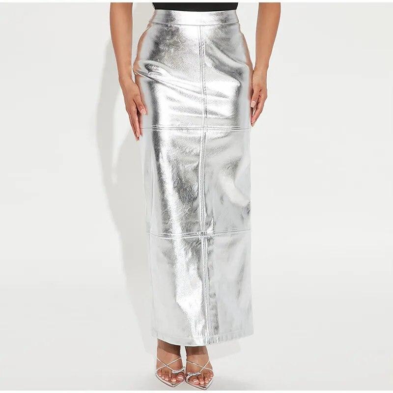 

Зеленая юбка из искусственной кожи с разрезом для женщин, высокая талия, облегающая макси-юбка, сексуальная женская юбка для выпускного, новинка 2023 года L серебряный