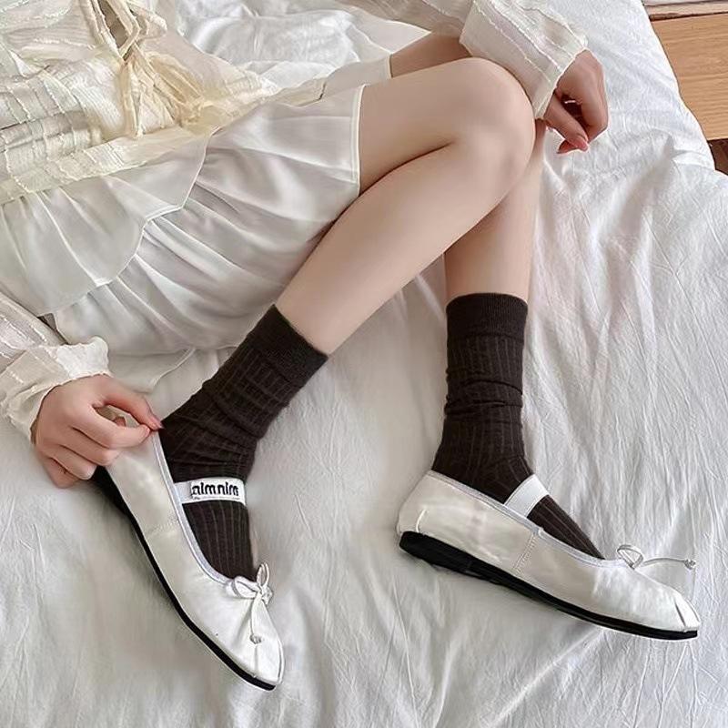 4 Pairs Ballet Socks Women's Summer New White Medium Tube Socks Stacking Socks Women's Solid Color Japanese Breathable and Comfortable Women's Socks