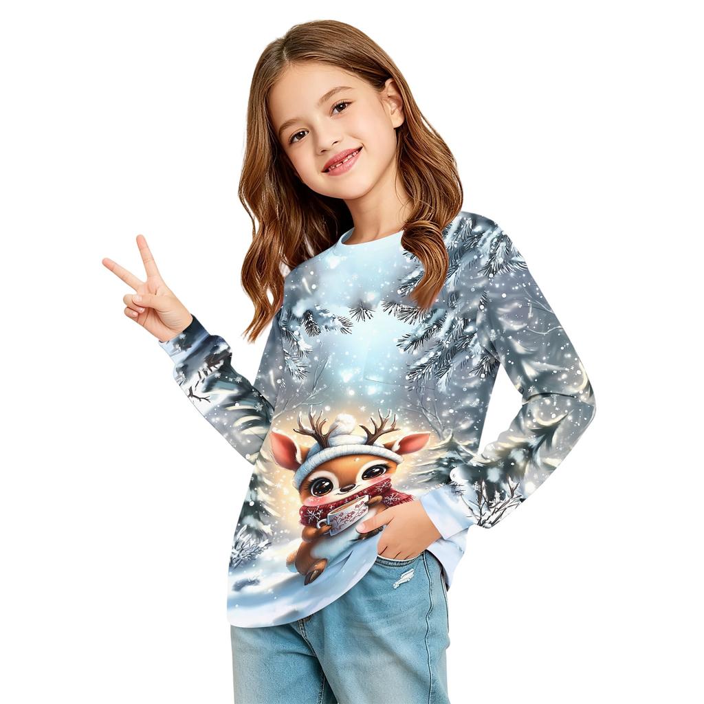 Kids Fashion Christmas Long Sleeve Neck Top with Pocket, Holiday Print Shirt for Boys and Girls