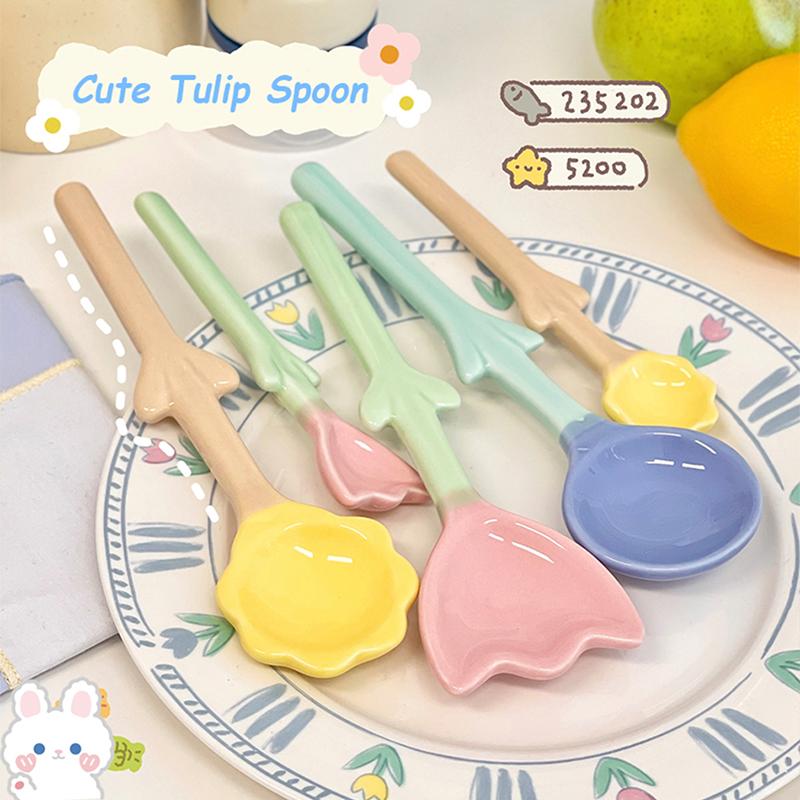 Ceramic Flower Spoon Tulip Shaped Cute Milk Ice Cream Dessert Soup Spoon With Long Handle Kitchen Tableware Accessories