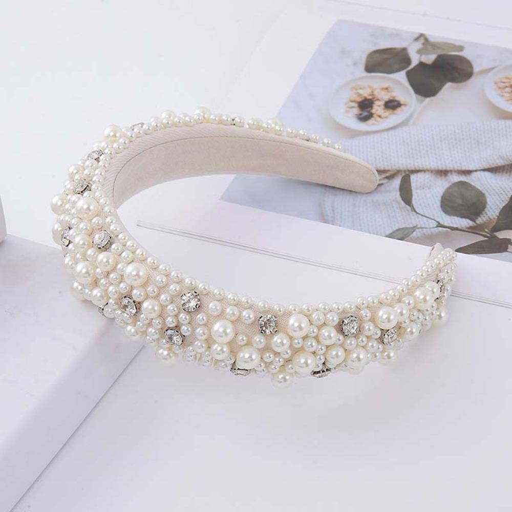 

High Top Structure Full Pearls Hair Hoop Luxury Style Baroque Headdress Women / Girls білий