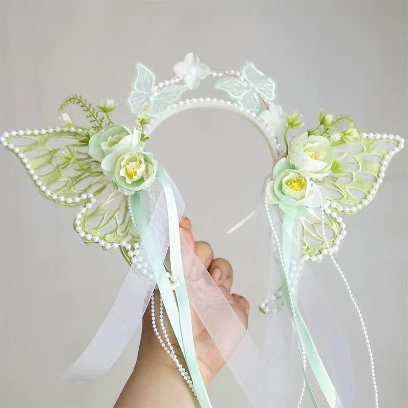 Serre-tête Fleur Papillon Perle - Couronne Artificielle Fait Main Bricolage Bijoux de Cheveux pour Filles, Accessoires de Fête et de Mariage