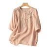 Summer Round Neck Medium Sleeve Embroidered Chic Top Literary Retro Loose Temperament Cotton and Linen T-shirt New