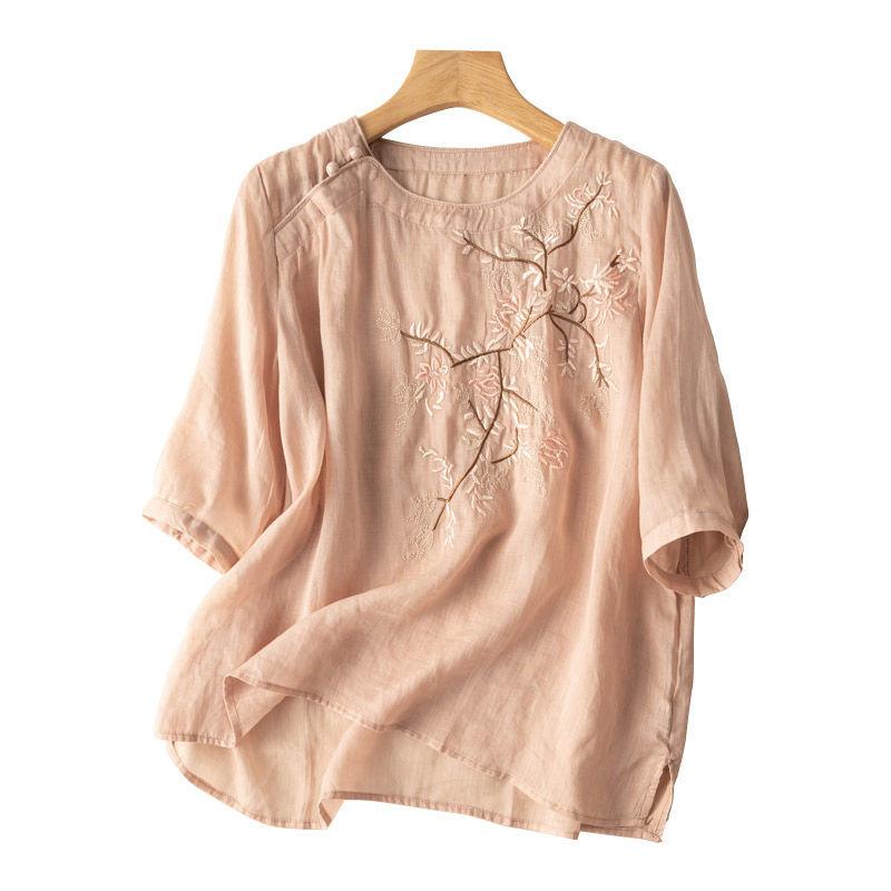 Summer Round Neck Medium Sleeve Embroidered Chic Top Literary Retro Loose Temperament Cotton and Linen T-shirt New