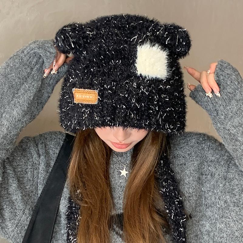 Süße Bärenohren Plüschtasche Hut Damen Winter Warm Ohrschutz Kalt Gestrickte Mütze Großer Kopfumfang Wollmütze