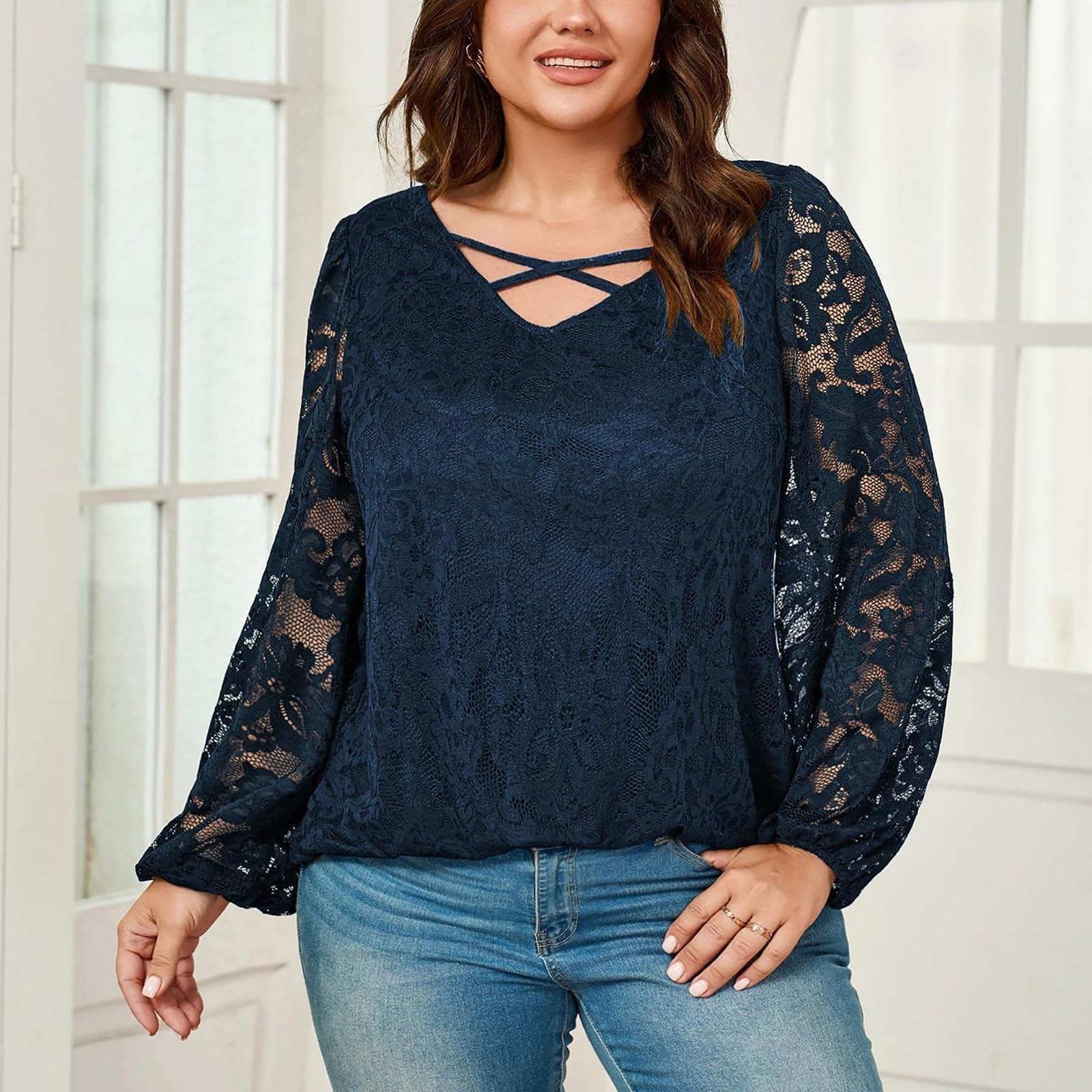 

Женская мода однотонный крест V-образный вырез с длинными рукавами кружевной универсальный топ больших размеров XL тёмно-синий