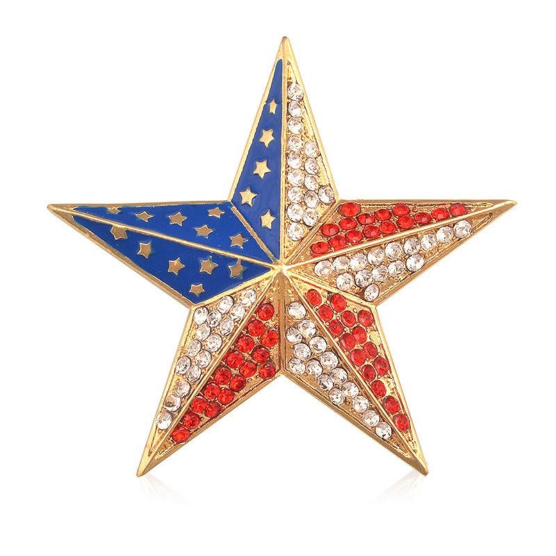 American Flag Pentagram Bow Gold Tone Crystal Brooch Lapel Pins USA Patriotic Jewelry for Women Men Coat Suit  Corsage