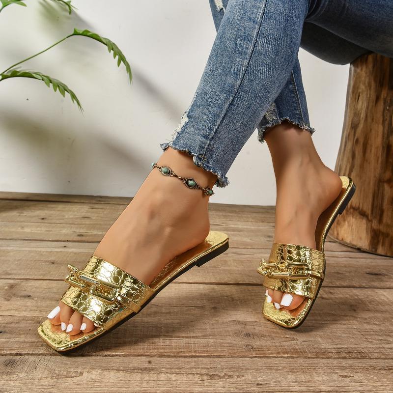 Plus Size Slippers Summer New Square Toe Open Toe Metal Chain Soft Sole Non-slip Wear-resistant Flats