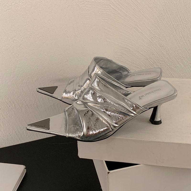 Fashion Fashion Pointed Toe Women Medium Heels Pumps Slides Shoes Slip On Footwear Shallow Ladies Thin Heels Shoes Female Sandals