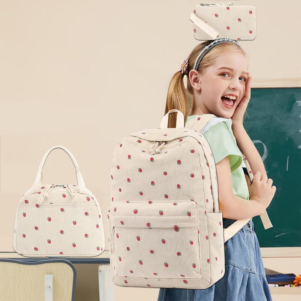 3 Pieces Corduroy Backpack Set – Lightweight Korean-Style School Bag with Tote & Wallet for Girls