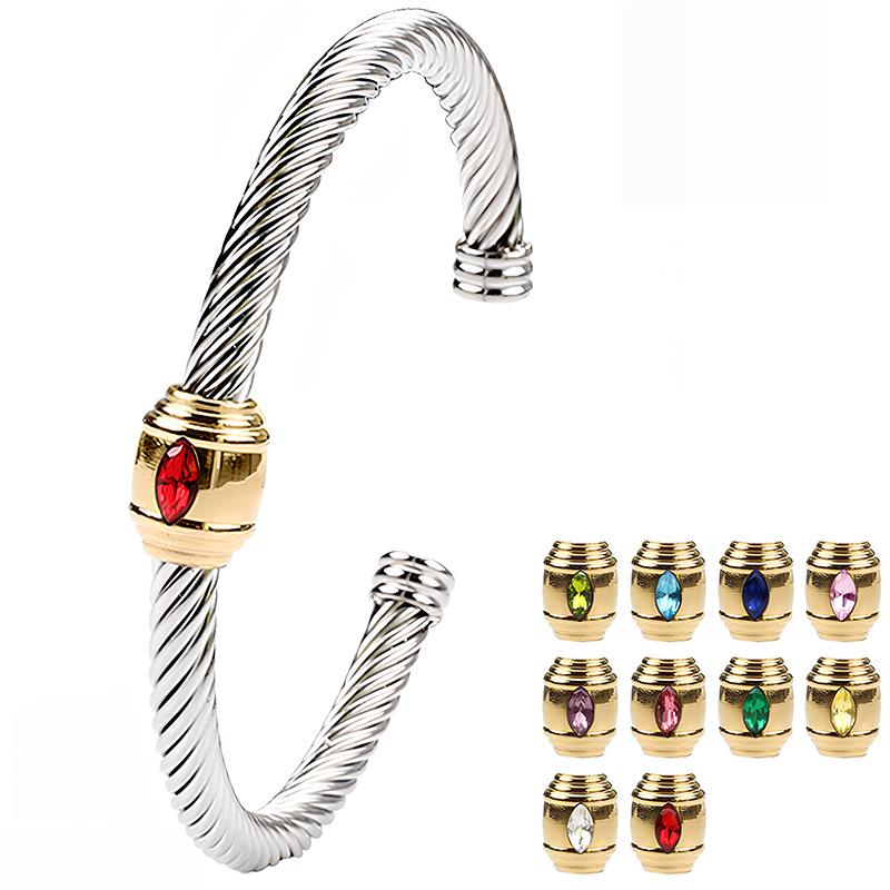 18K Gold Non-Fading Zircon Inlaid Titanium Steel Twist Open Bracelet