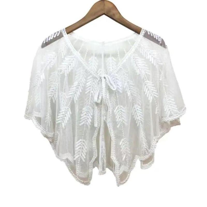 Beaded Sequin Shawl Vintage Flapper Evening Cape Sheer Mesh Embroidery Leaf  Women Bolero Party Accessories