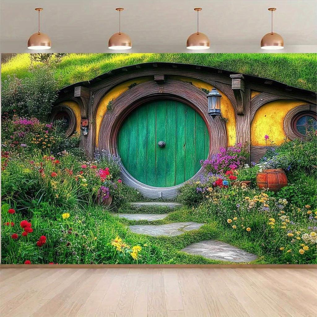 Hobbit Hut Fantasy Theme Background Cloth, Used for Party Photo Background, Birthday Party Banner Decoration