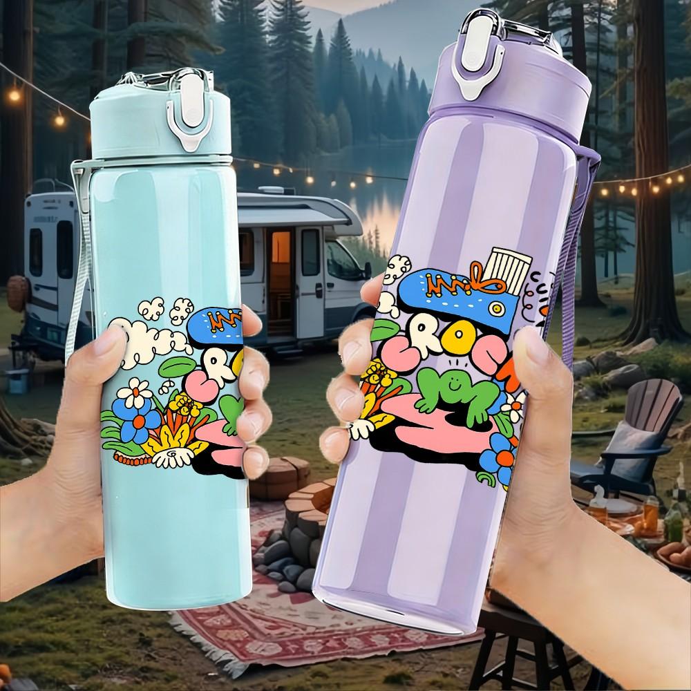 1PC Party Cartoon Pattern 750ml Color Plastic Sports Water Bottle Leakproof Flip Straw Lid Suitable for Sports Office Home Use