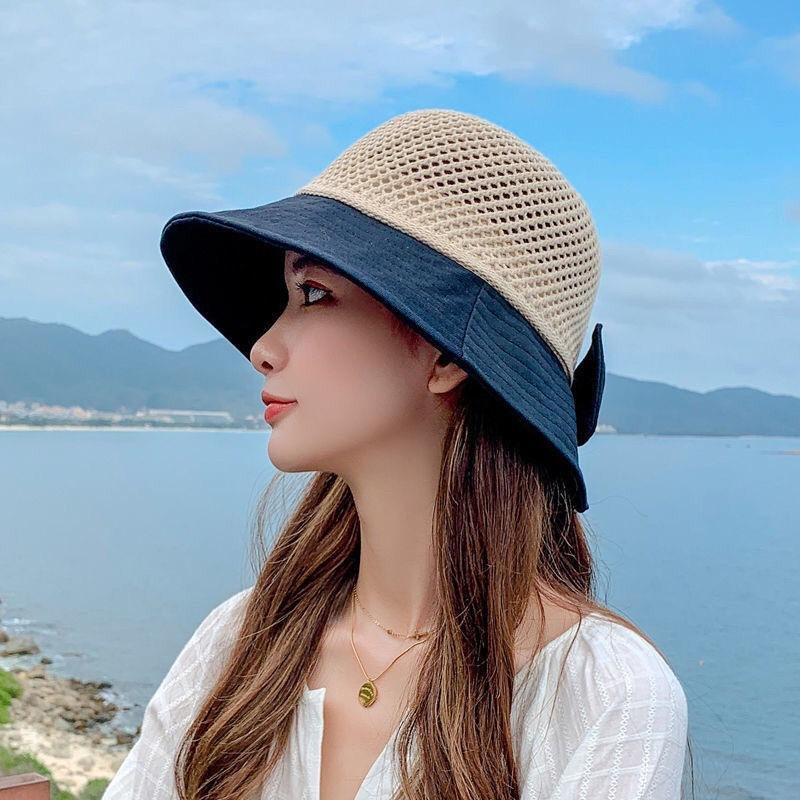 

Big brim sunscreen hat women s spring summer fashion sunshade mesh woven bucket hat bow versatile sun hat Темно-синій