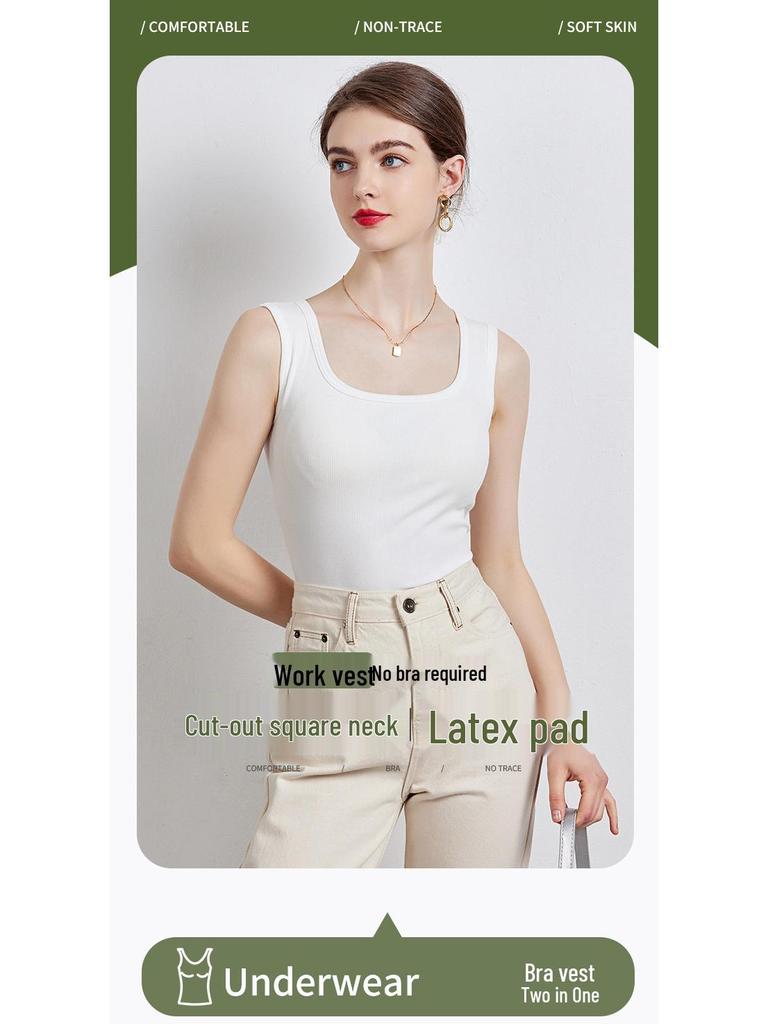 Silk Spaghetti Strap Vest with Padded Cups, Latex Chest Pads, Square Neckline; Women's Innerwear/Outerwear, Covers Side Fat