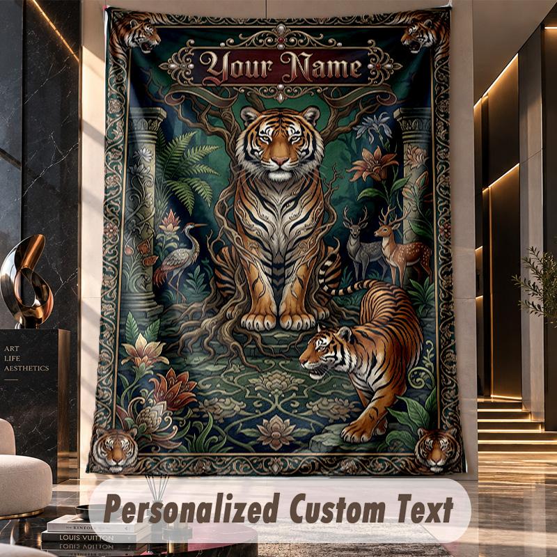 Tiger Forest Majesty Theme Wall Tapestry Customized With Name Text Personalized Hanging Tapestry For Bedroom Living Room Decor