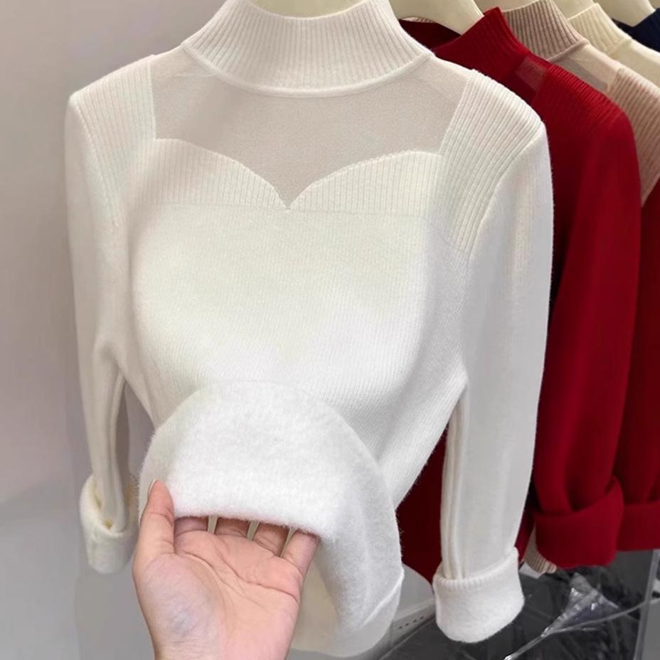 Winter Thick Sweater for Women with Velvet Half High Collar Bottom Shirt for Women