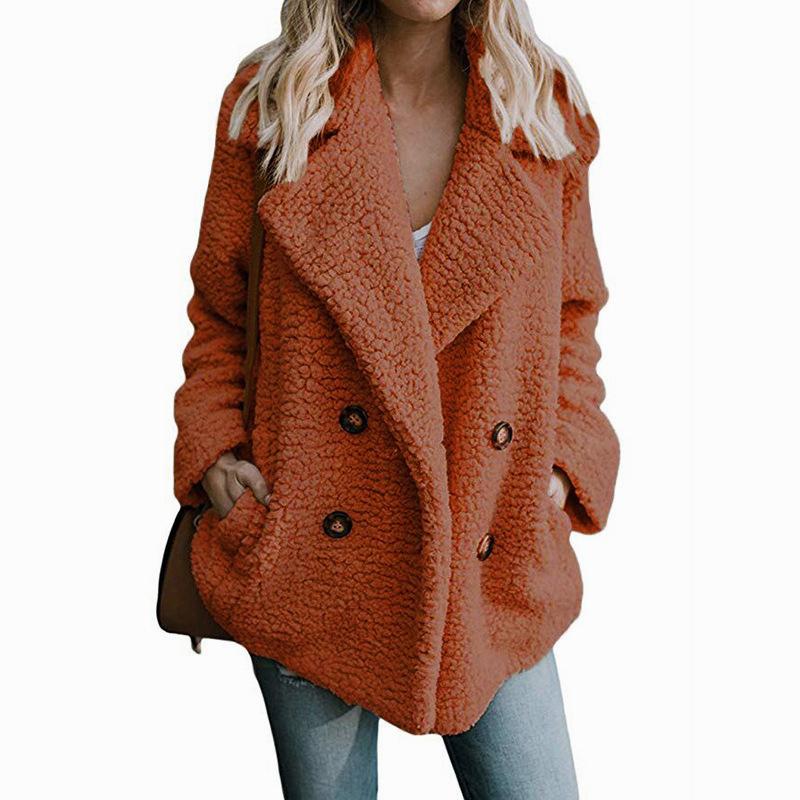 Women's Plush Button Up Lapel Pocket Jacket Autumn Winter Warm Faux Fur Coat Artificial Fluffy Fleece Optional Plus Size Jacket Female Clothing