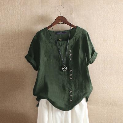 Top in Cotone e Lino Estate Donna Taglie Forti Camicetta Casual Girocollo Manica Corta T-shirt
