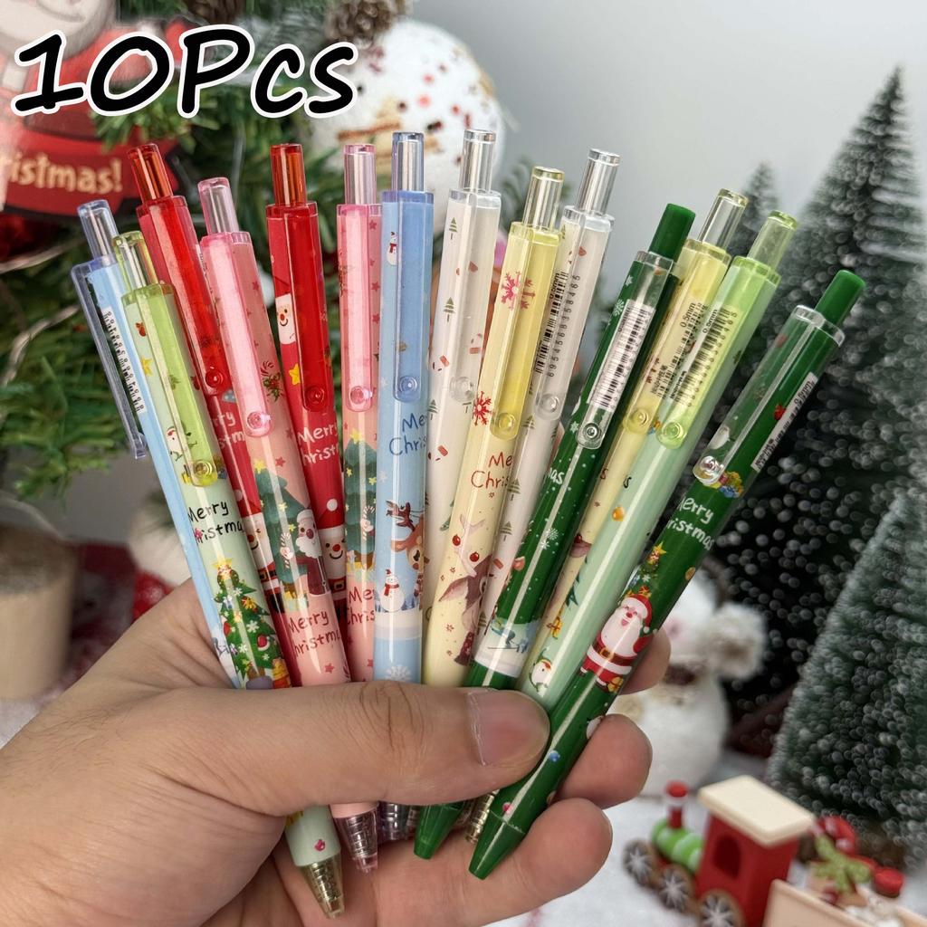10Pcs Christmas -Themed Retractable Ballpoint Pens - Multicolor Soft Grip Pens with Random Christmas Tree Designs, Fine Point, Ideal for Students and