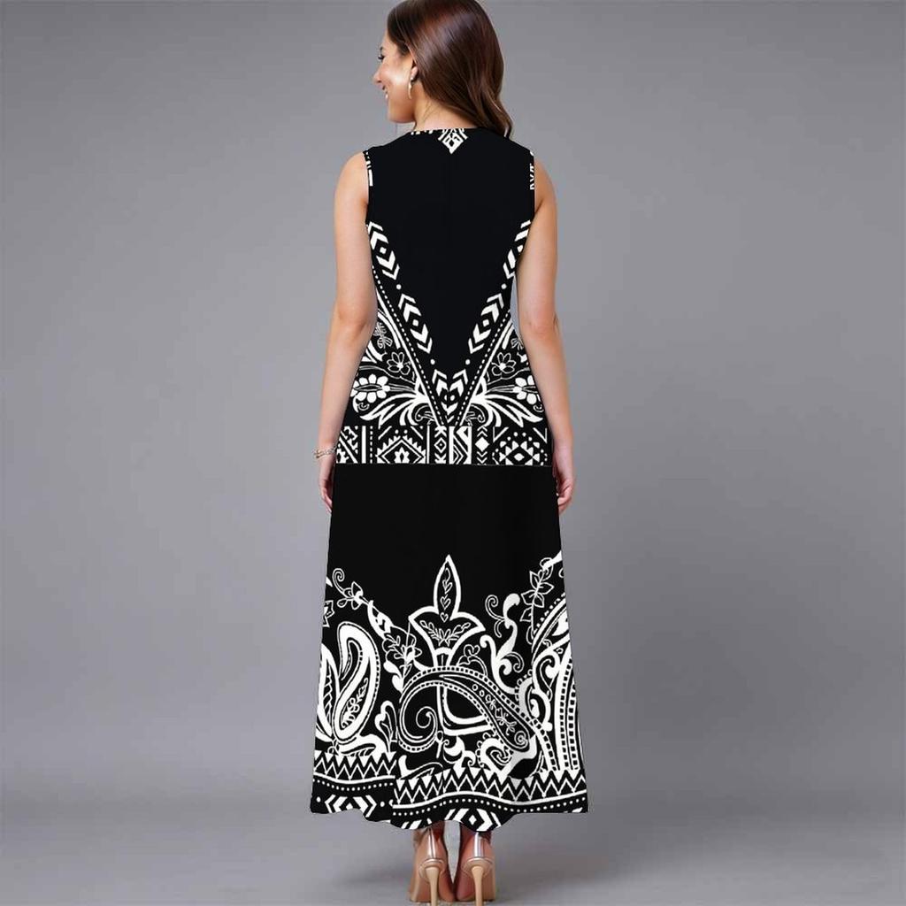 Oversized Women Sleeveless Round Neck Dress Elegant Mixed Floral Print Flowy Mid Length Dress