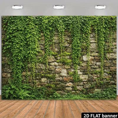 2D Ancient Stone Wall with Draping Ivy and Ferns Backdrop Photography Banner