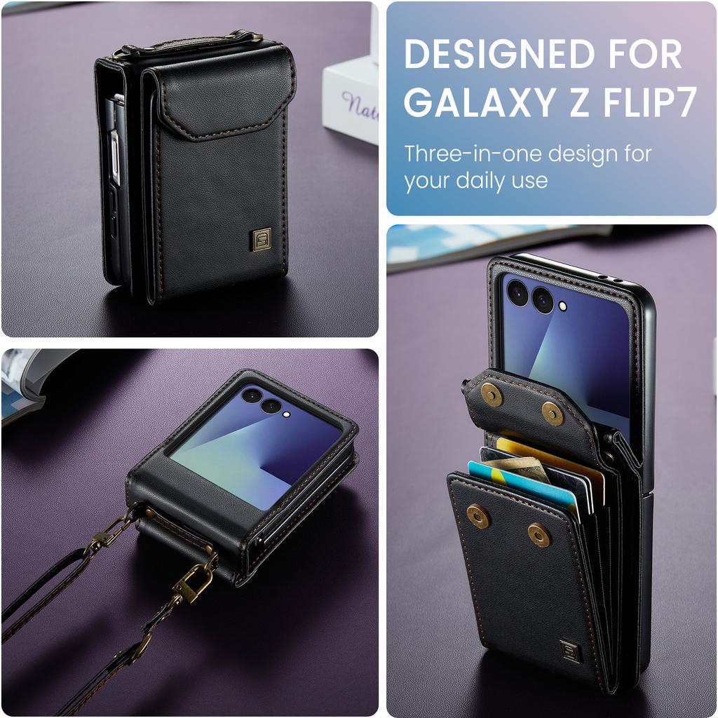 Crossbody Leather Phone Case for Samsung Galaxy Z Flip 7 Fe Flip6 5 Lanyard&buckle Multifunctional Card Slot Wallet Holder Cover