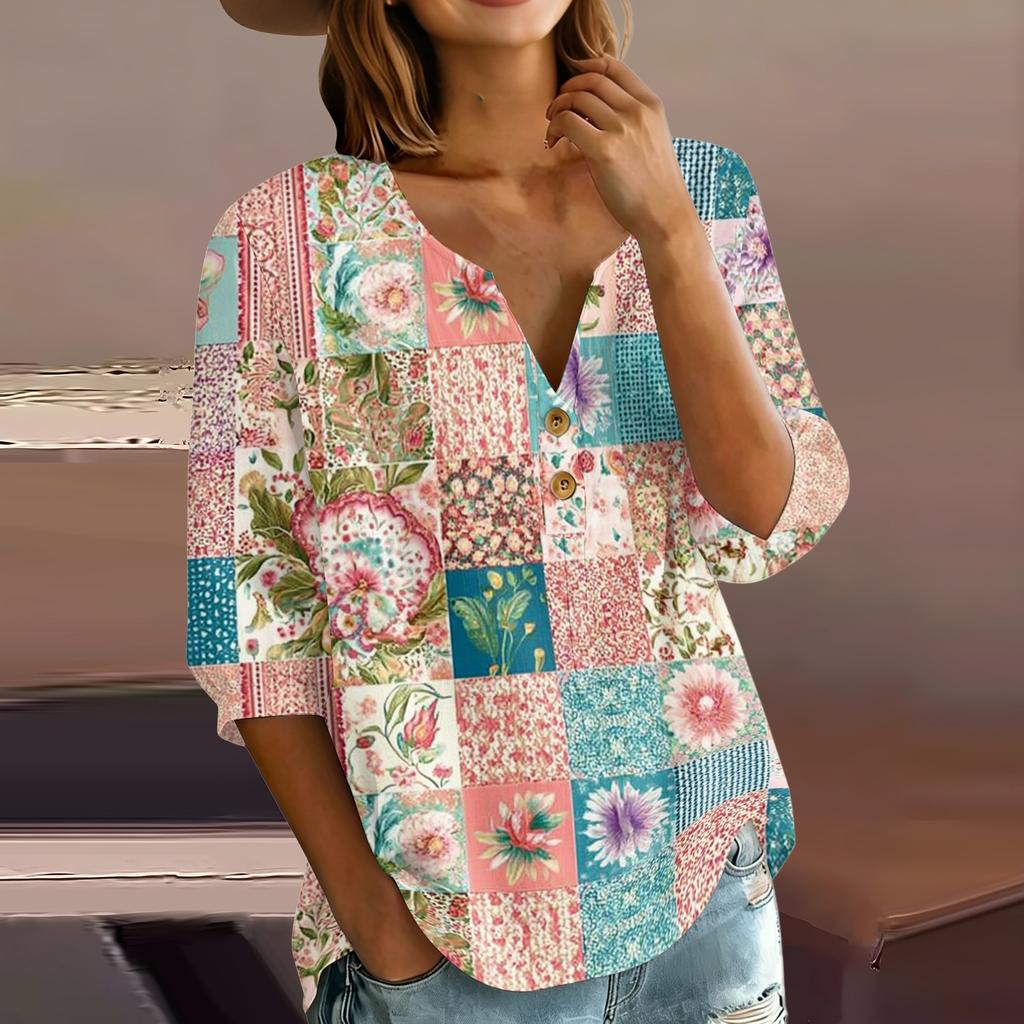 Women’s Fashion Printed Patchwork Cotton Linen Henley Shirt with Button Front and Three Quarter Sleeves Relaxed Fit Top