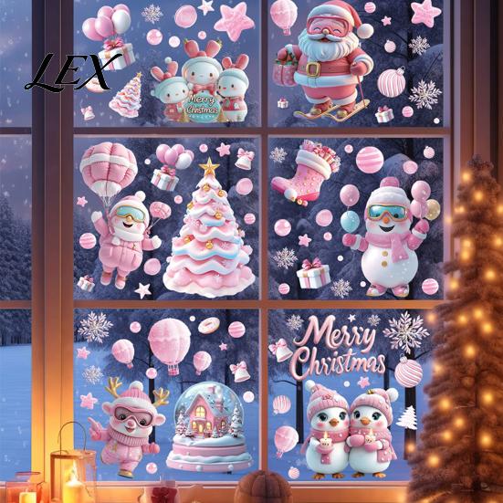 Snowman Window Clings 9Pcs Pink Christmas Static Clings, Santa Bunny Penguin Glass Creative Holiday Collage Decals, Reusable Xmas Stickers, Decor for