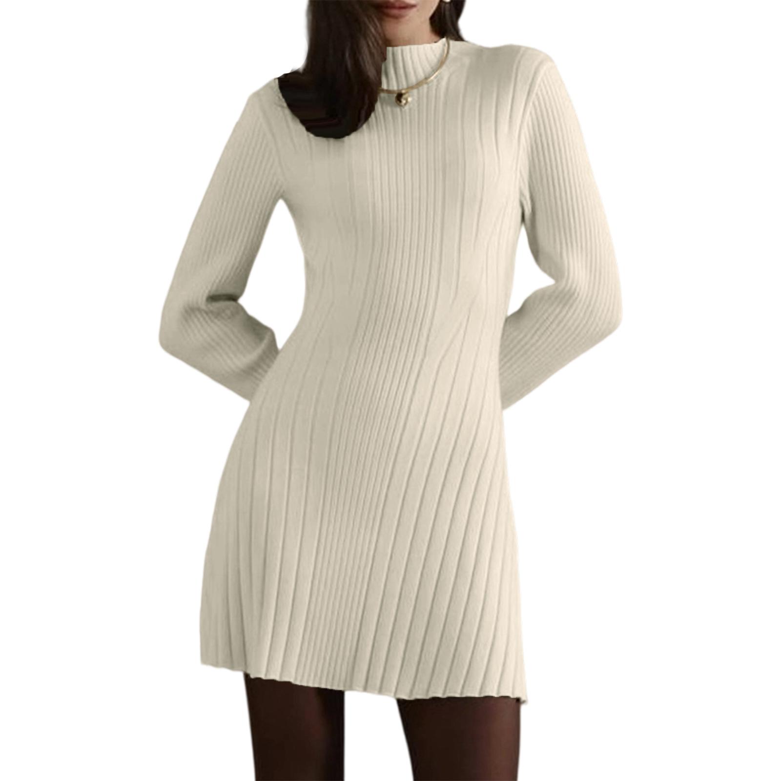 Women s Long-Sleeve Half-High Neck Elegant Playful A-Line Knit  Dress L бежевый