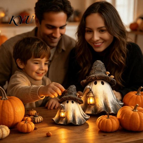 Vintage Fall Display Accessories Halloween Ghost Wizard Hat Resin Figurine with LED Lantern, Witch Atmospheric Party Supplies Holding Lamp Statue,