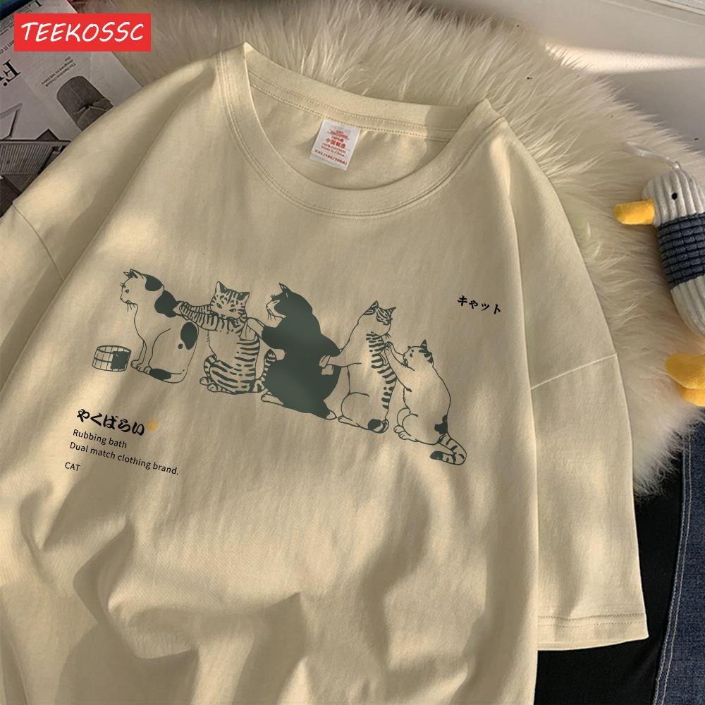 Summer Cotton WomenS TShirts Japanese Vintage Cats Printing Short Sleeve ONeck Breathable Loose Tops Casual Female Clothes