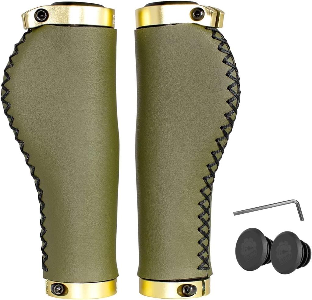 GORIX Ergo Design Bicycle Leather Grips Stylish Cycle Grips with Screw Grip Replacement for Cross Bikes and Mini Velos (GX-600 (Olive)) Microfiber,