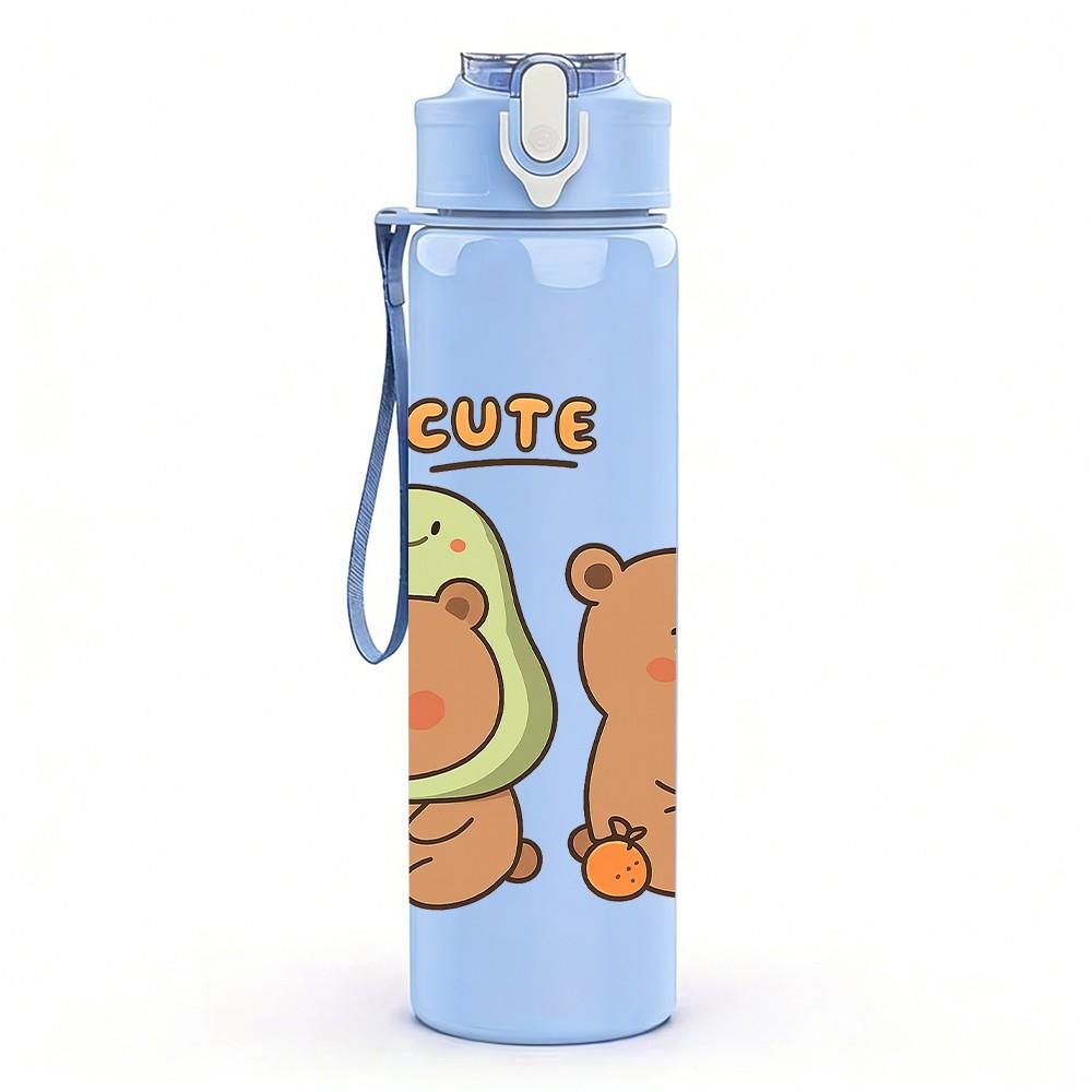 1PC Bear Avocado Cute Cartoon 750ml Color Plastic Sports Water Bottle Leakproof Flip Straw Lid Suitable for Sports Office Home Use