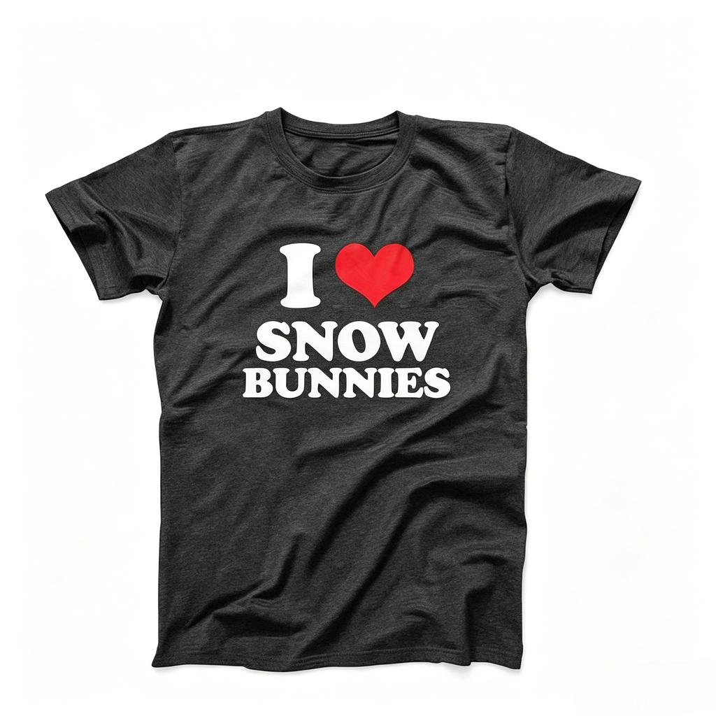 I Love Snow Bunnies Red Heart Slogan T Shirt Minimalist Letter Graphic Ski Lover Casual Oversized Unisex Black Short Sleeve Tee