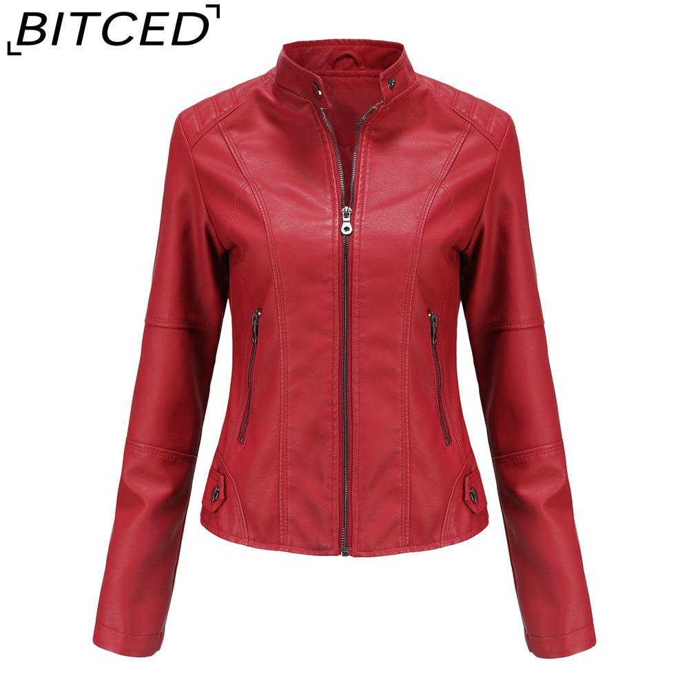 BITCED Women's Slim-Fit Leather Jacket - Lightweight Spring/Autumn Outerwear Motorcycle-Style Oversized Stand Collar Leather Jacket