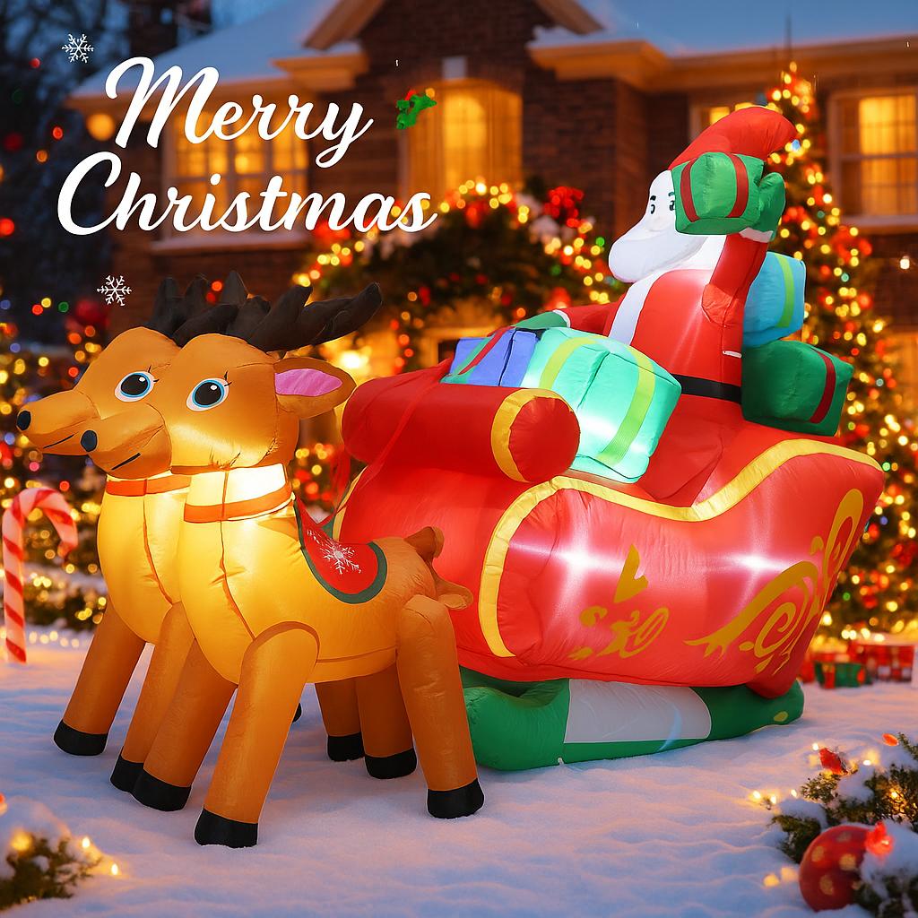 5.9FT LED Inflatable Christma Yard Decor Santa Sleigh with Reindeer Xmas Home Decoration Supplie Ornament Toy Gift Holiday Decor