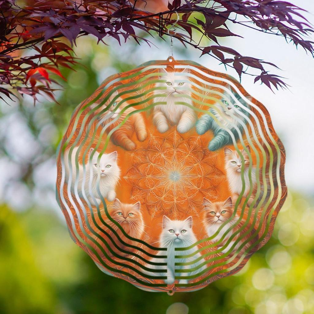 25.4cm Rotating Cat Wind Chime Artistic Metal Garden Decor with Orange and White Cats Perfect Gift for Cat Lovers Year Round Outdoor Hanging Ornament