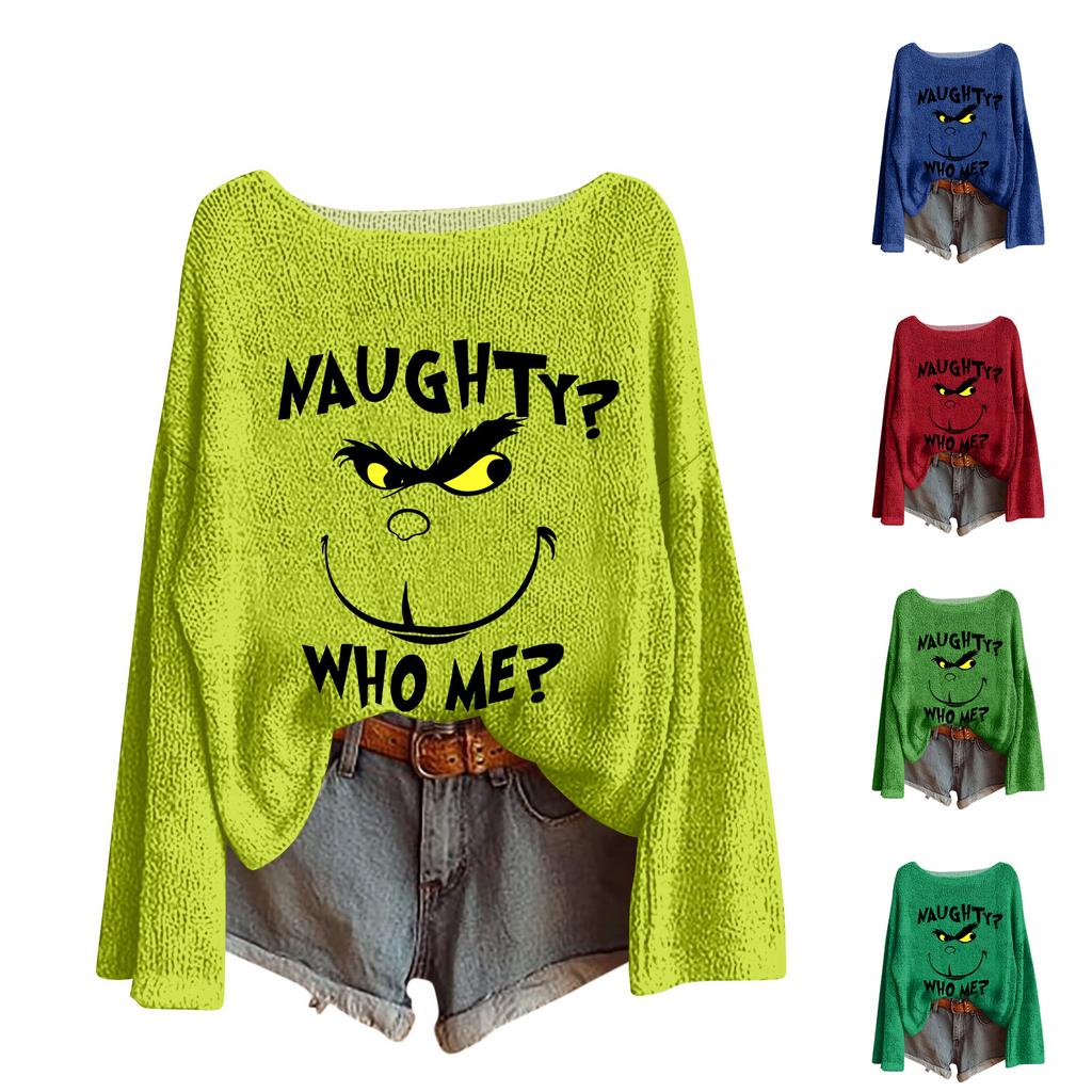 Women's Round Neck Lightweight Sweater Casual Long Sleeve Christmas Print Knit Pullover.