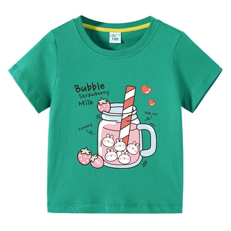 Girls TShirt Bubble Strawberry Milk Print Short Sleeve Tee Cute Cartoon Summer Casual Tops for Kids Children