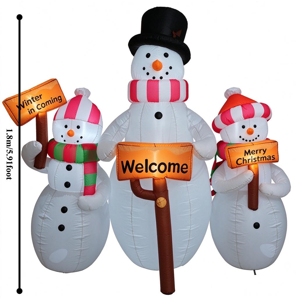 6FT/1.8M Inflatable Snowman Set of Three Holding Holiday Welcome Signs, Christmas Outdoor Yard Decor