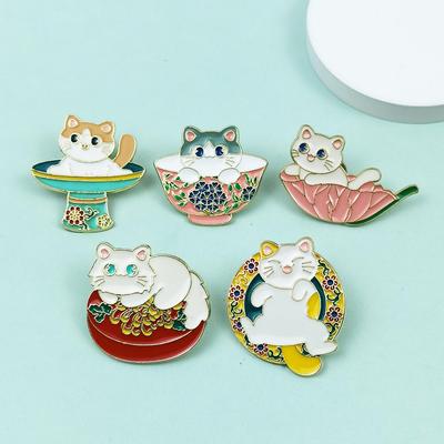 Forbidden City Cat Ceramic Bowl Metal Badge: Cute Cartoon Brooch for Clothing & Backpack Accessories