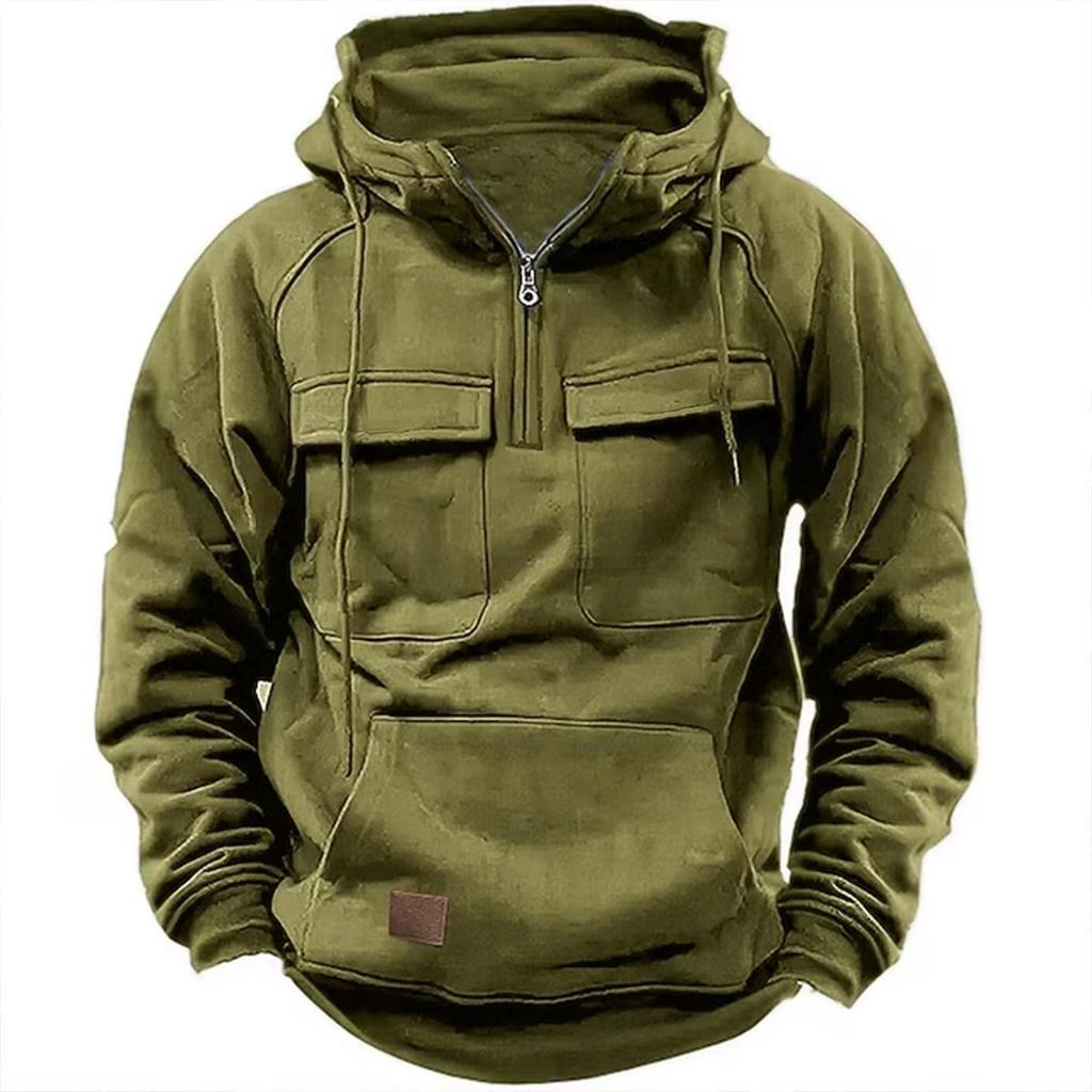 Spring and Autumn Men's Multi Pocket Casual Hoodie Hooded Sweatshirt Zipper Pullover Sports