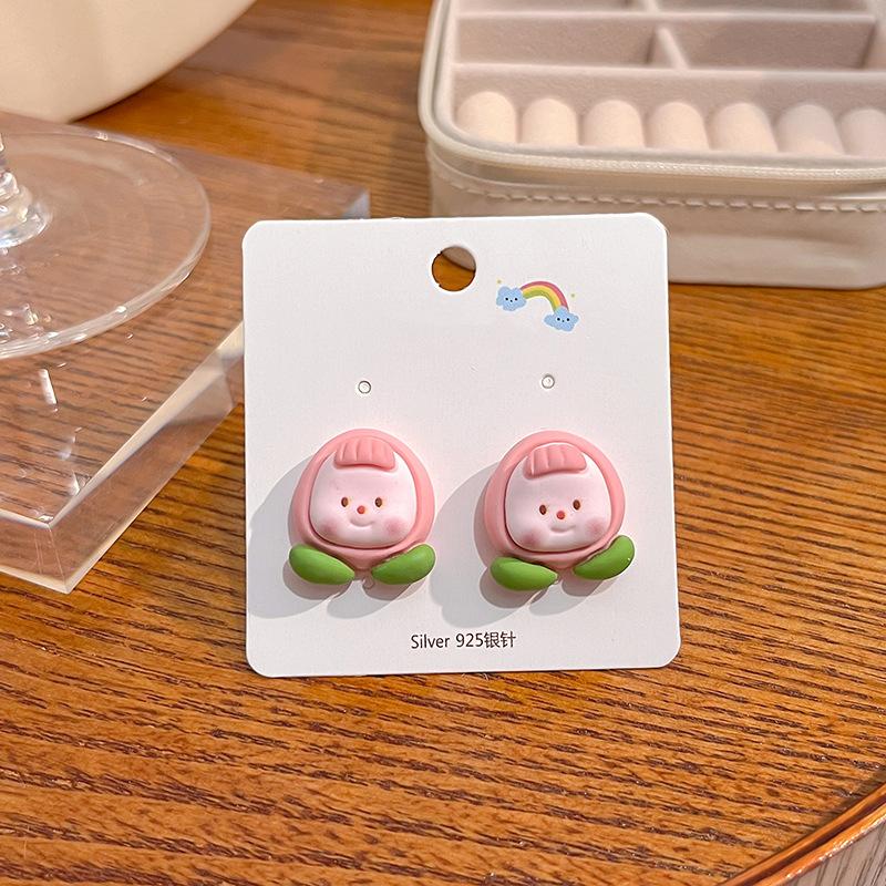 Summer Cartoon Cute Fruit Anthropomorphic Q Version Fun Girl Stud Earrings Peach Cow Flowers