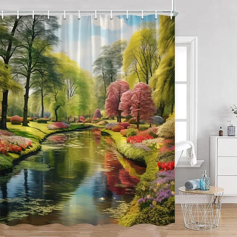 Colorful Flowers Green Plants Shower Curtain Trees Spring Landscape River Tulip Bathroom Curtain Polyester Bathroom Decoration